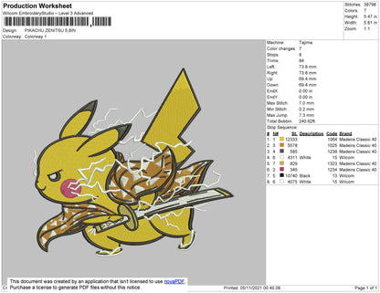 Pikachu Zenitsu Embroidery File 8 size