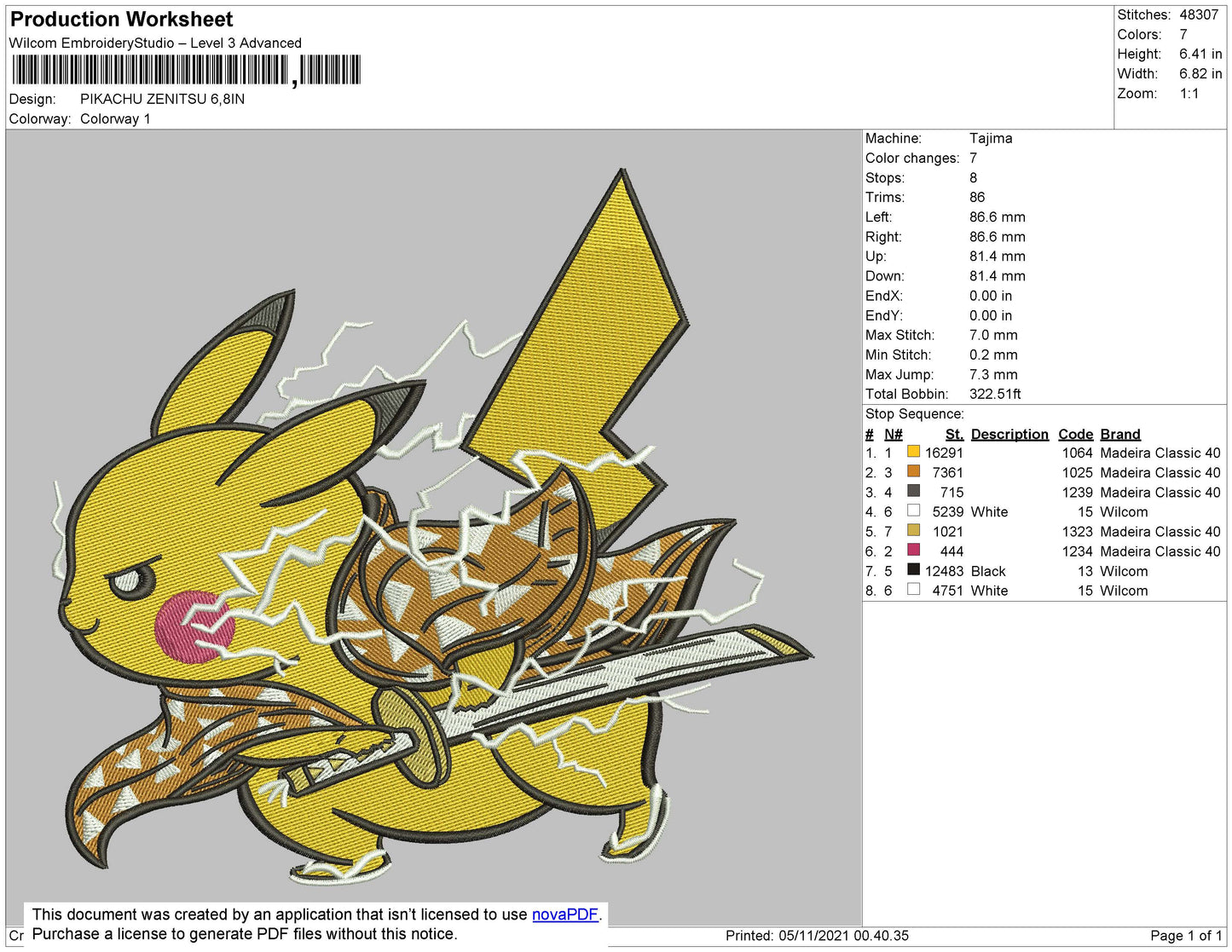 Pikachu Zenitsu Embroidery File 8 size