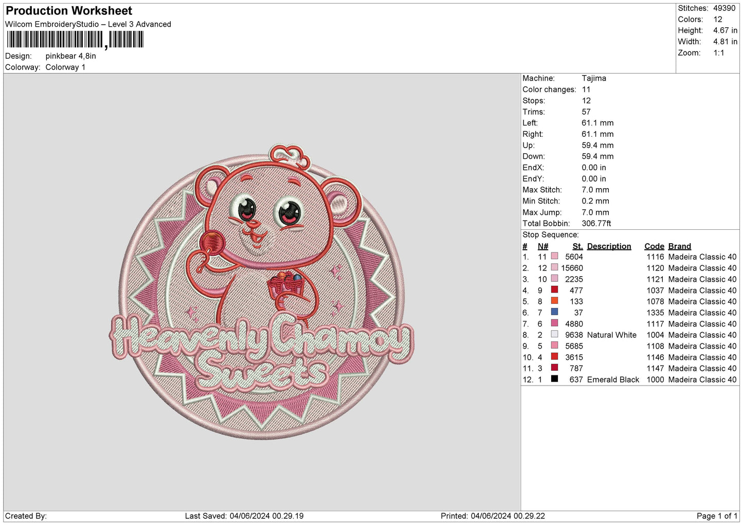 PinkBear Embroidery File 6 sizes