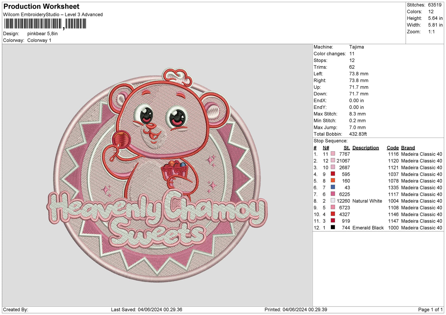 PinkBear Embroidery File 6 sizes