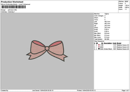 Pink Bow Embroidery File 6 sizes