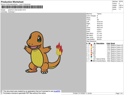 Pokemon Charmander Embroidery File 4 size