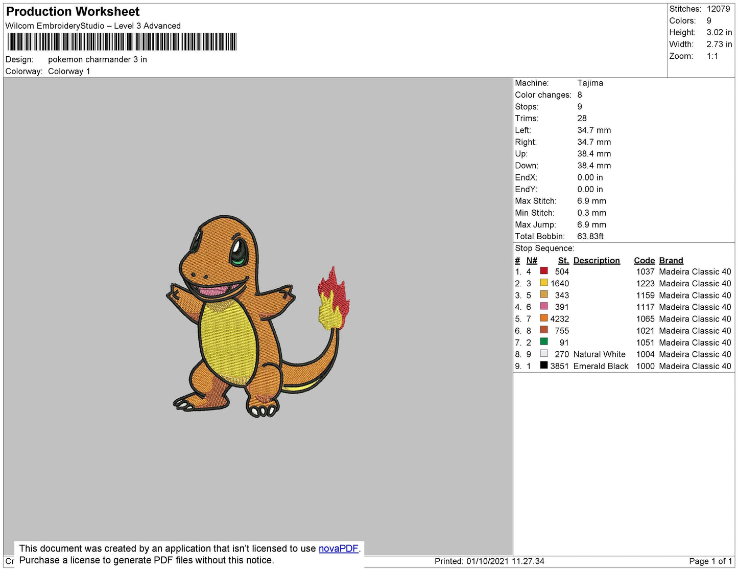 Pokemon Charmander Embroidery File 4 size