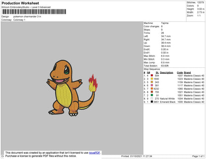 Pokemon Charmander Embroidery File 4 size
