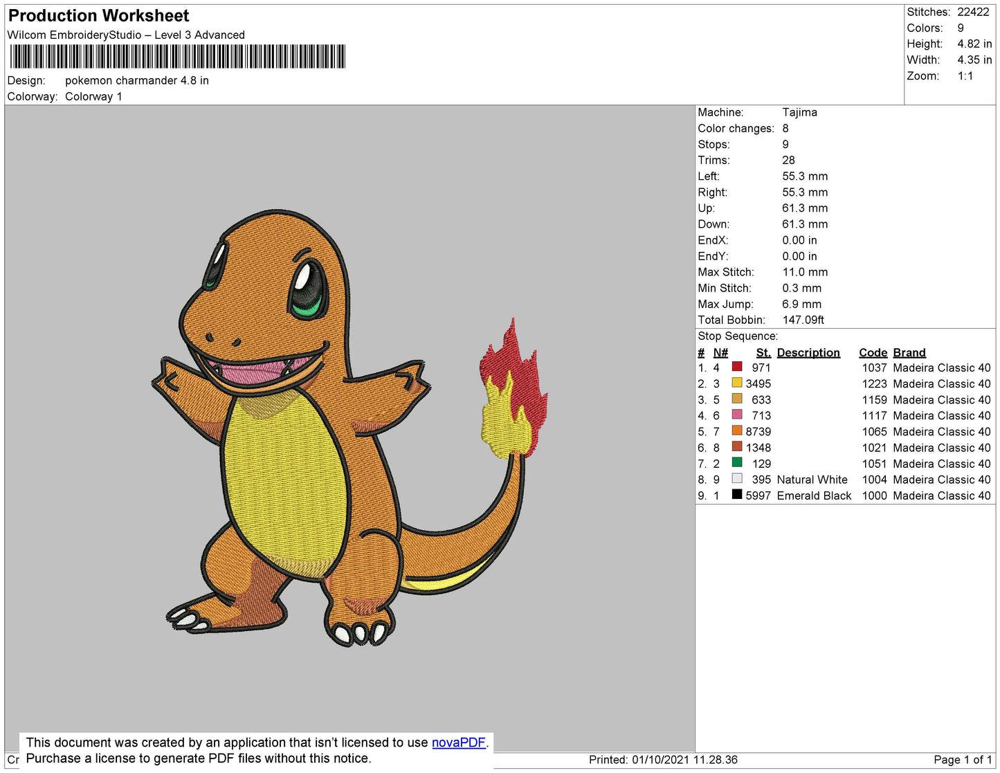 Pokemon Charmander Embroidery File 4 size