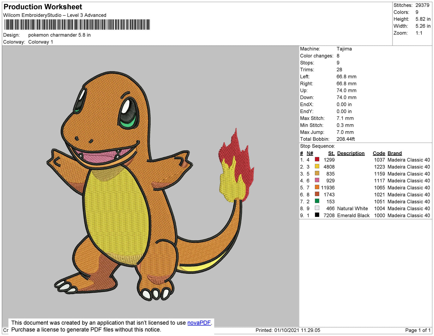 Pokemon Charmander Embroidery File 4 size