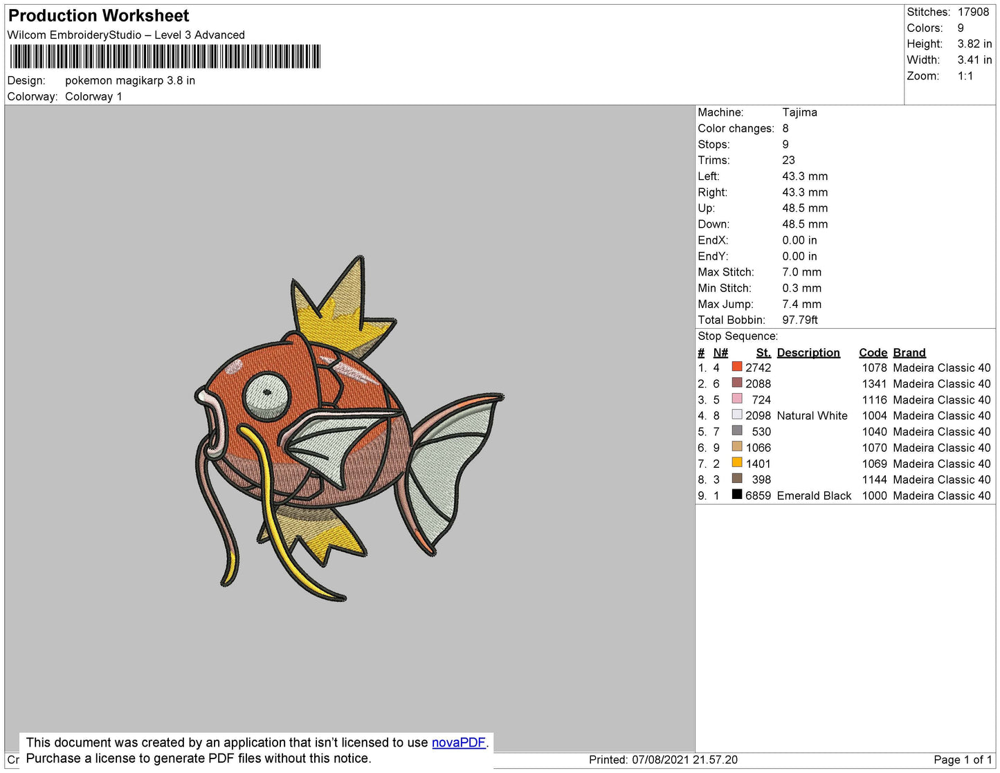 Pokemon Magikarp Embroidery File 4 size