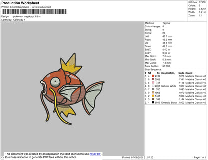 Pokemon Magikarp Embroidery File 4 size