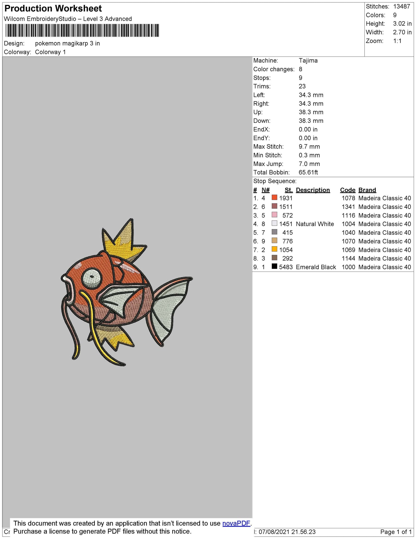Pokemon Magikarp Embroidery File 4 size