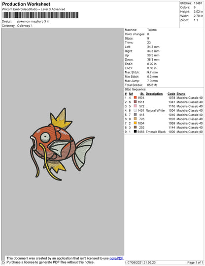 Pokemon Magikarp Embroidery File 4 size