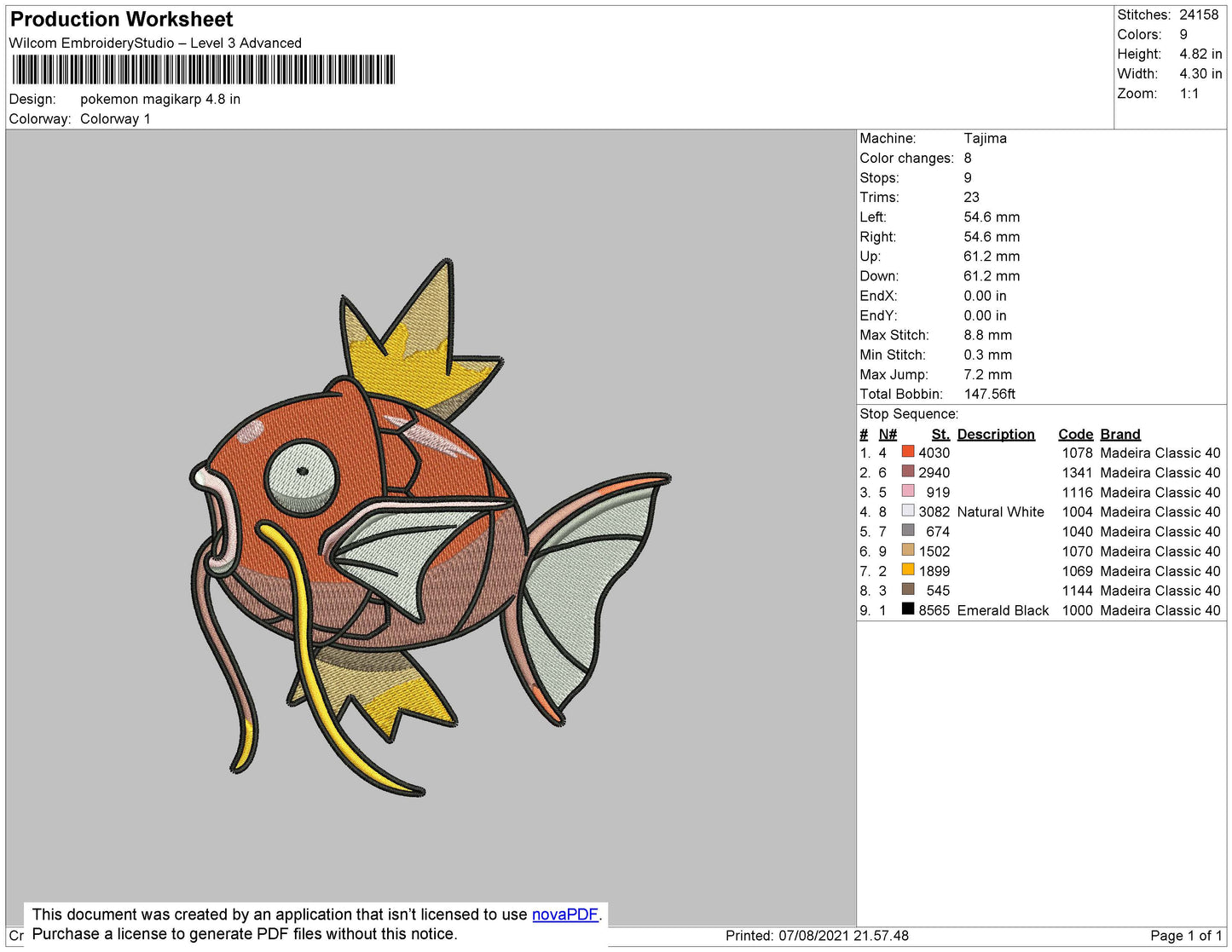 Pokemon Magikarp Embroidery File 4 size