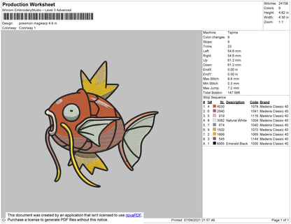 Pokemon Magikarp Embroidery File 4 size