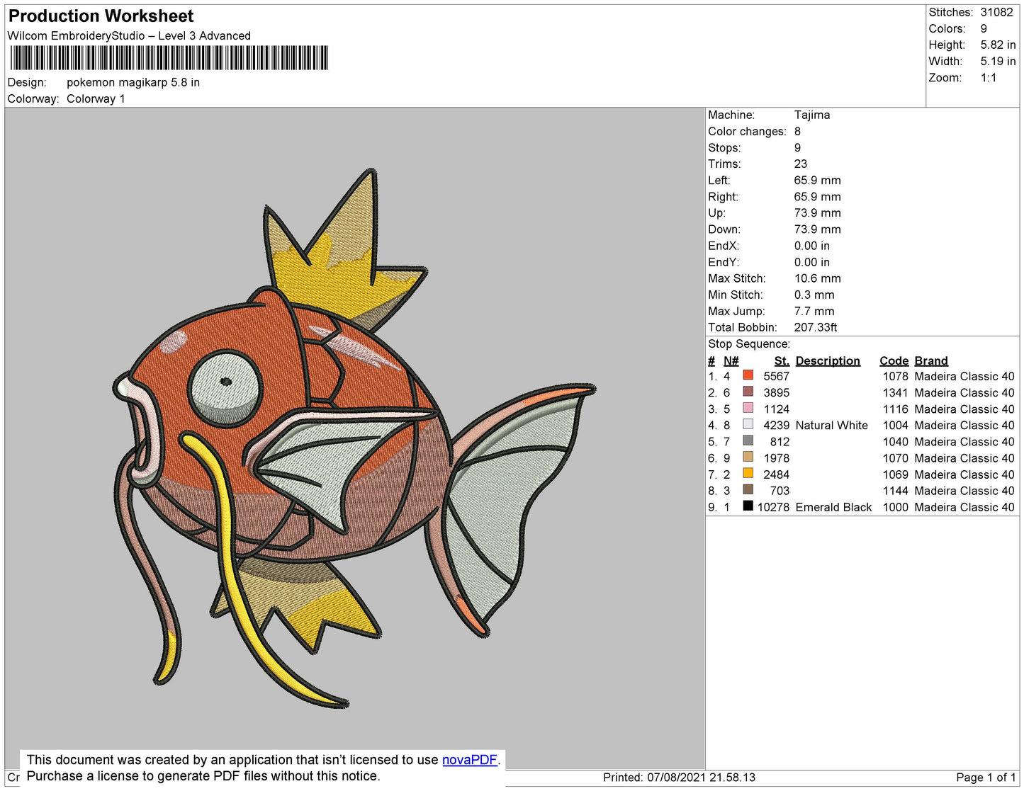 Pokemon Magikarp Embroidery File 4 size