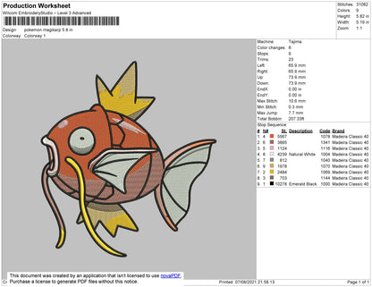 Pokemon Magikarp Embroidery File 4 size