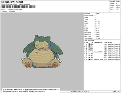 Pokemon Snorlax Embroidery File 4 size