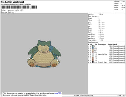 Pokemon Snorlax Embroidery File 4 size