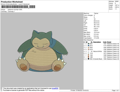 Pokemon Snorlax Embroidery File 4 size