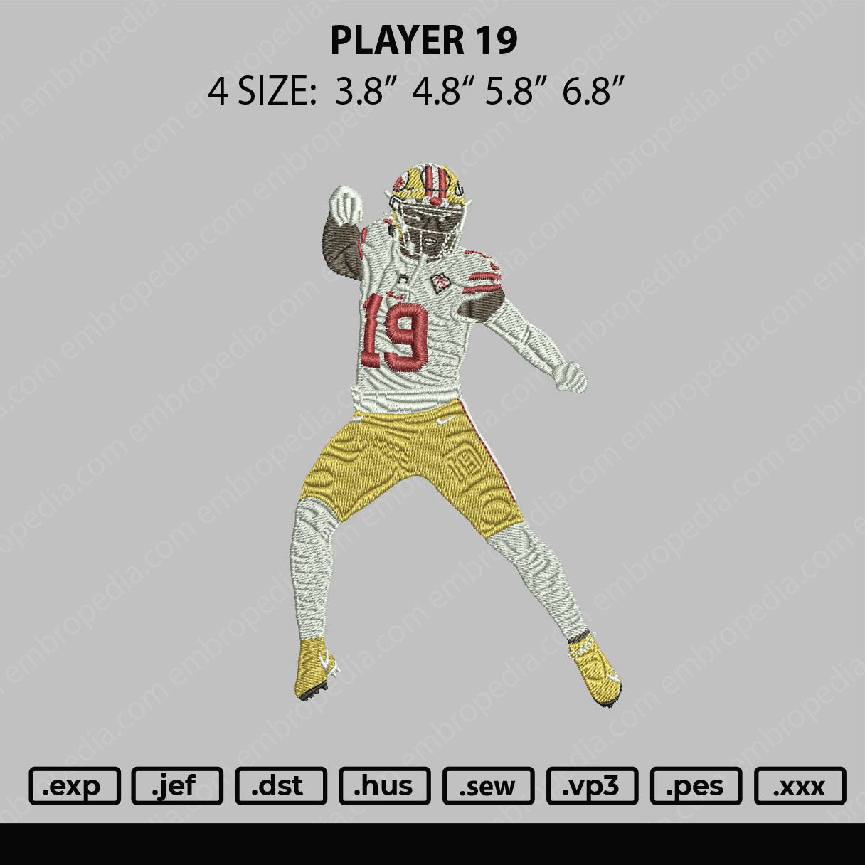 Player 19 Embroidery File 4 size