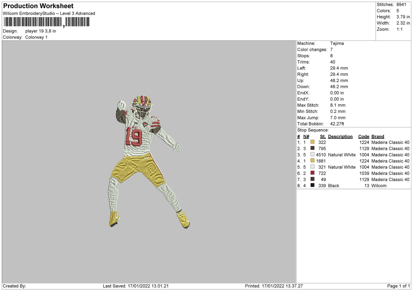 Player 19 Embroidery File 4 size