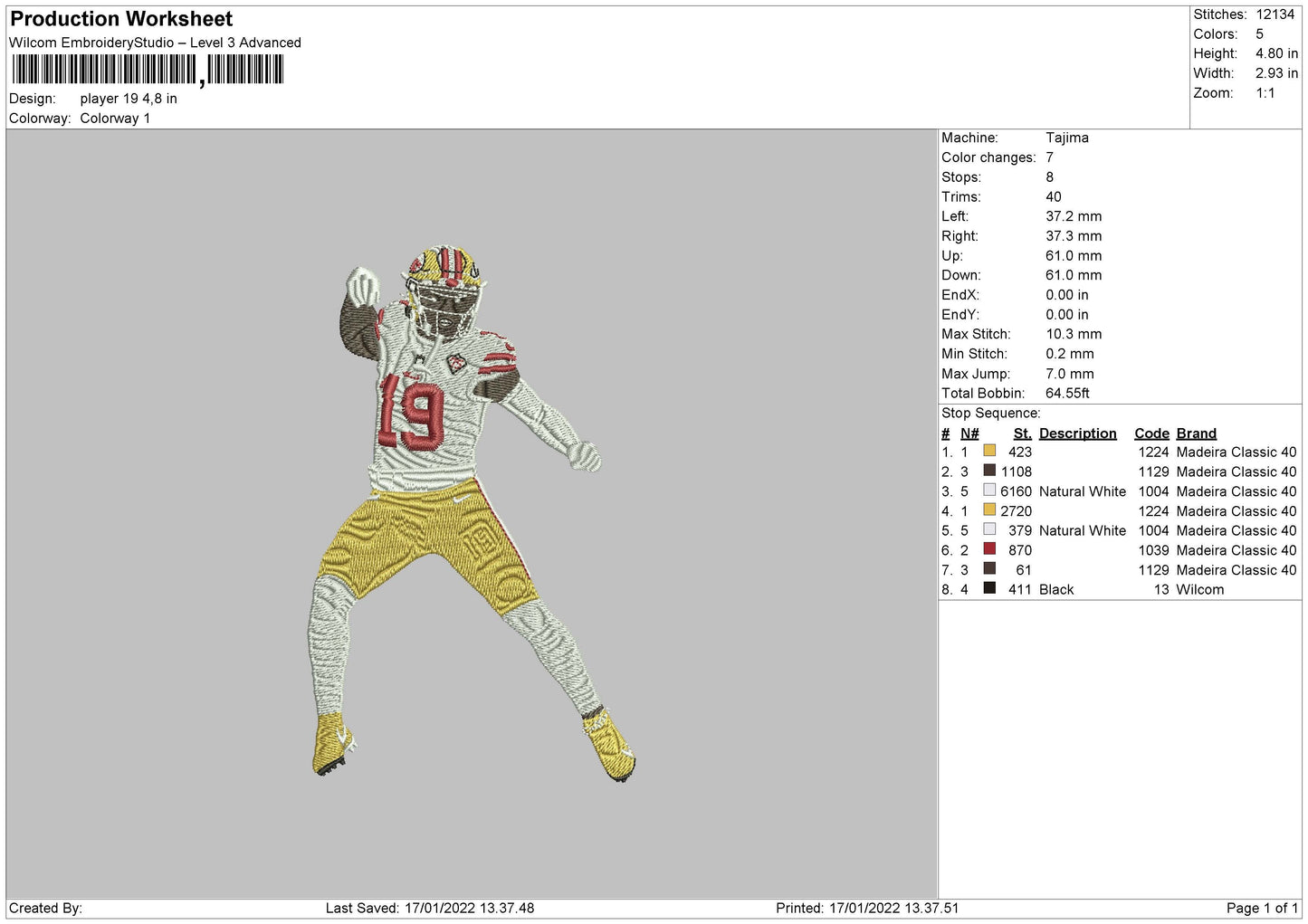 Player 19 Embroidery File 4 size
