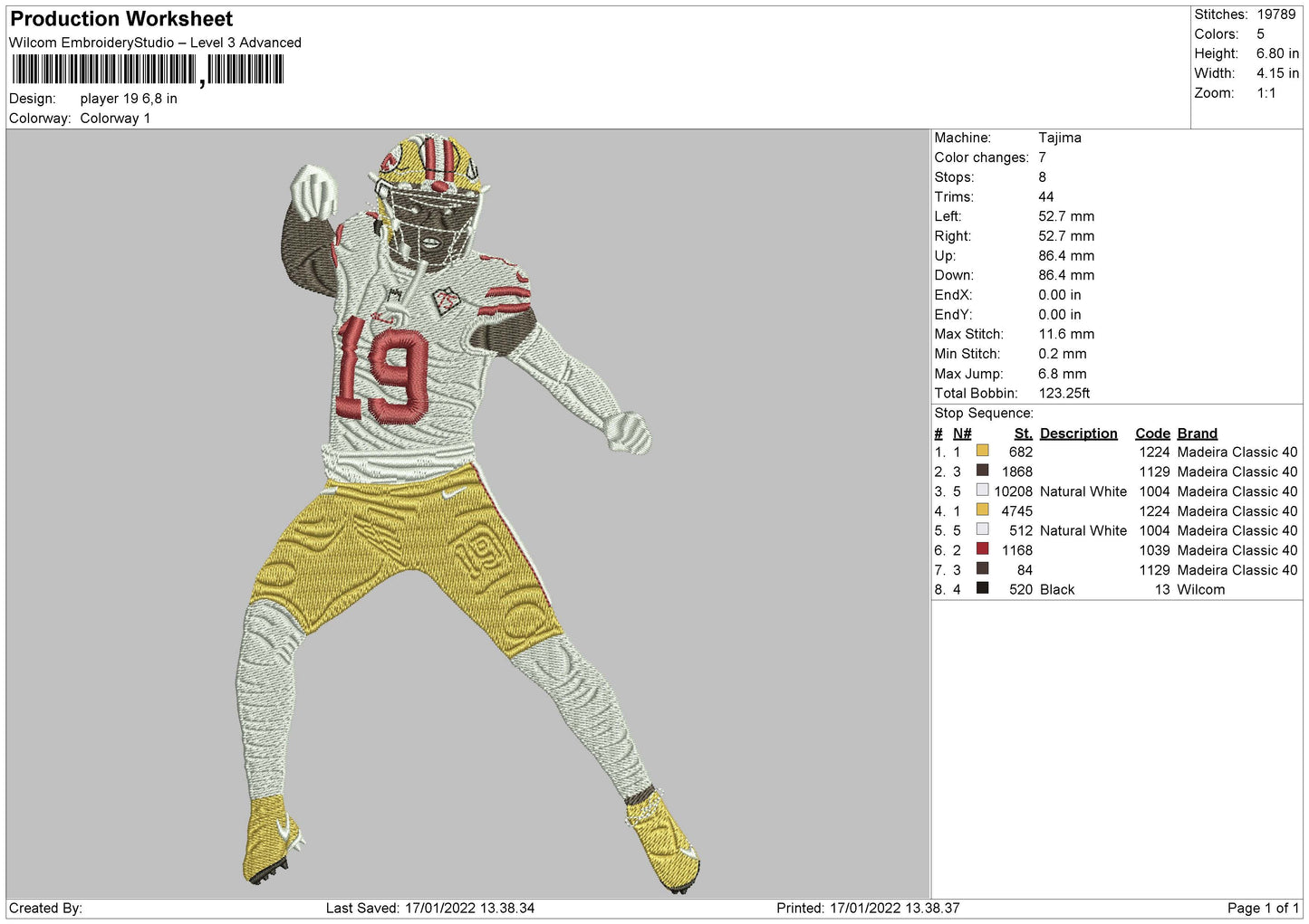Player 19 Embroidery File 4 size