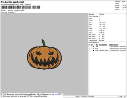 Pumpkin Halloween 002 Embroidery File 4 Size