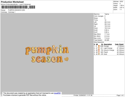 Pumpkin Season Embroidery File 4 size