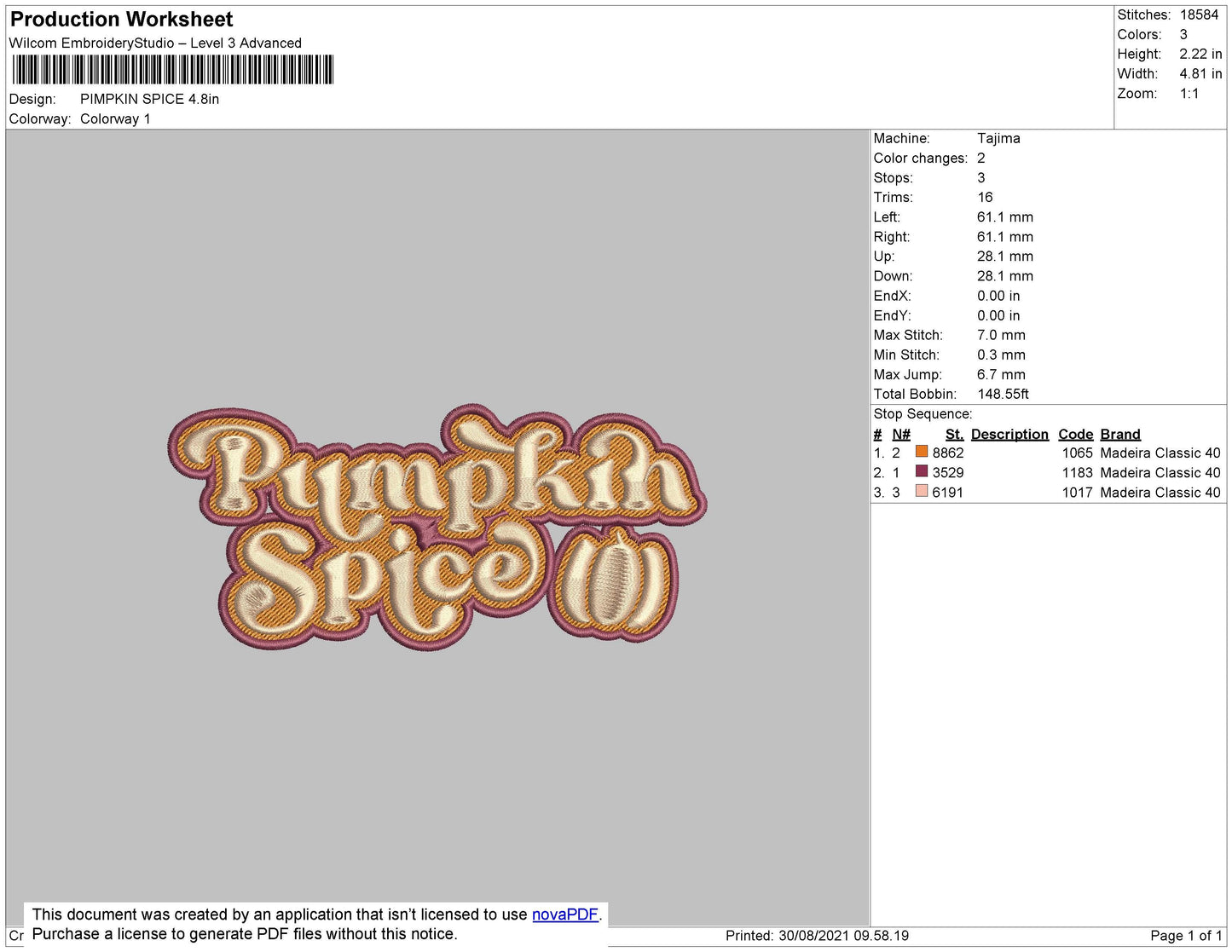 Pumpkin Spice Embroidery File 4 size
