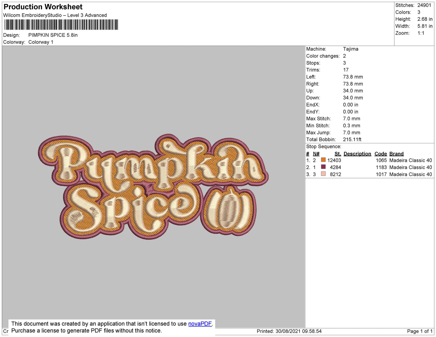 Pumpkin Spice Embroidery File 4 size