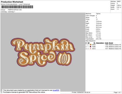 Pumpkin Spice Embroidery File 4 size