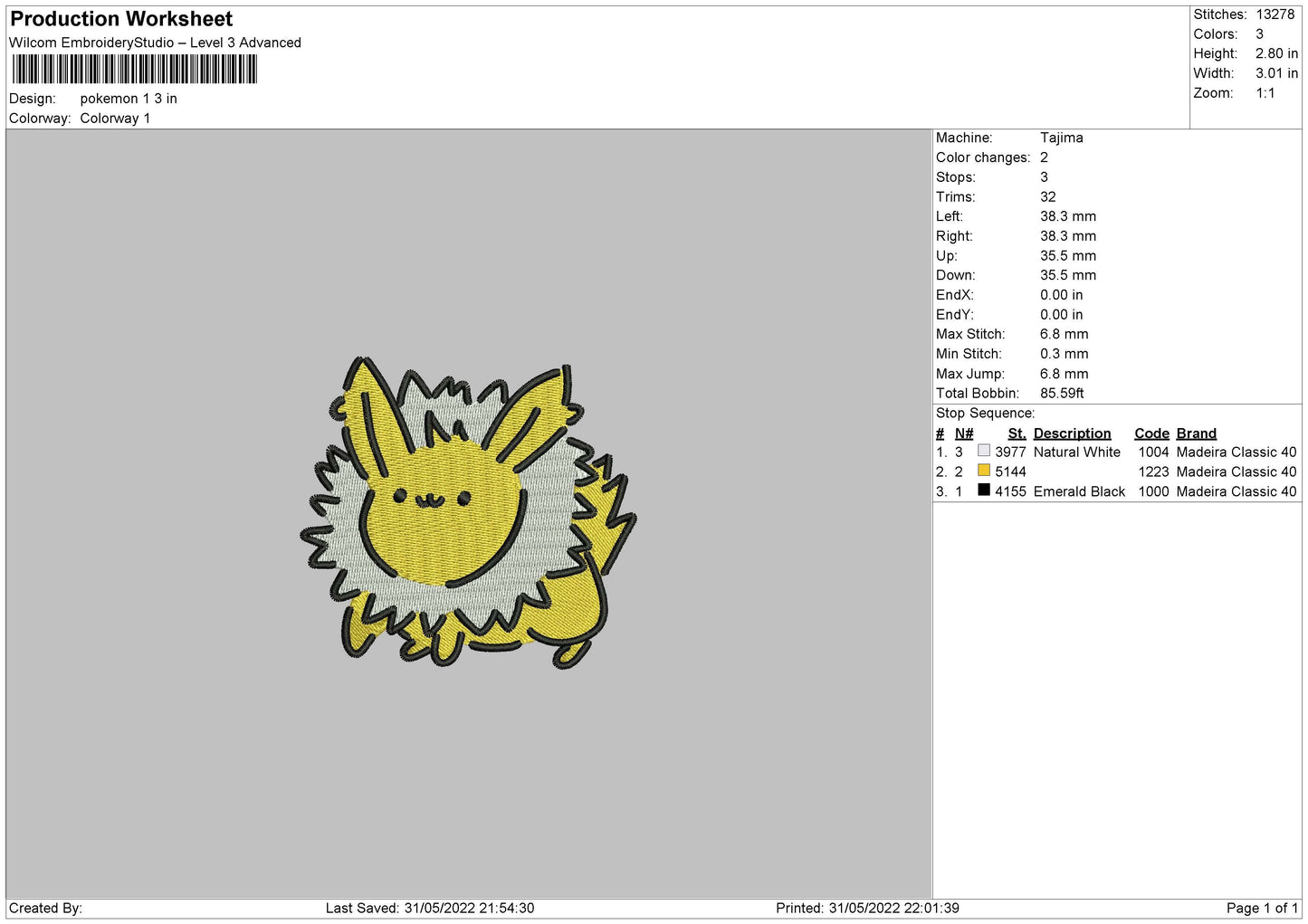 Pokemon 1 Embroidery File 4 size