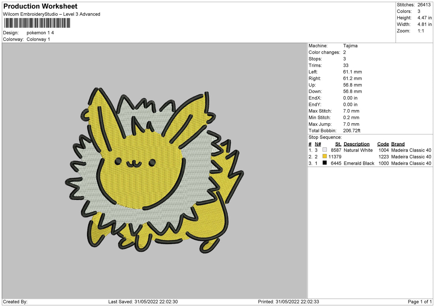Pokemon 1 Embroidery File 4 size