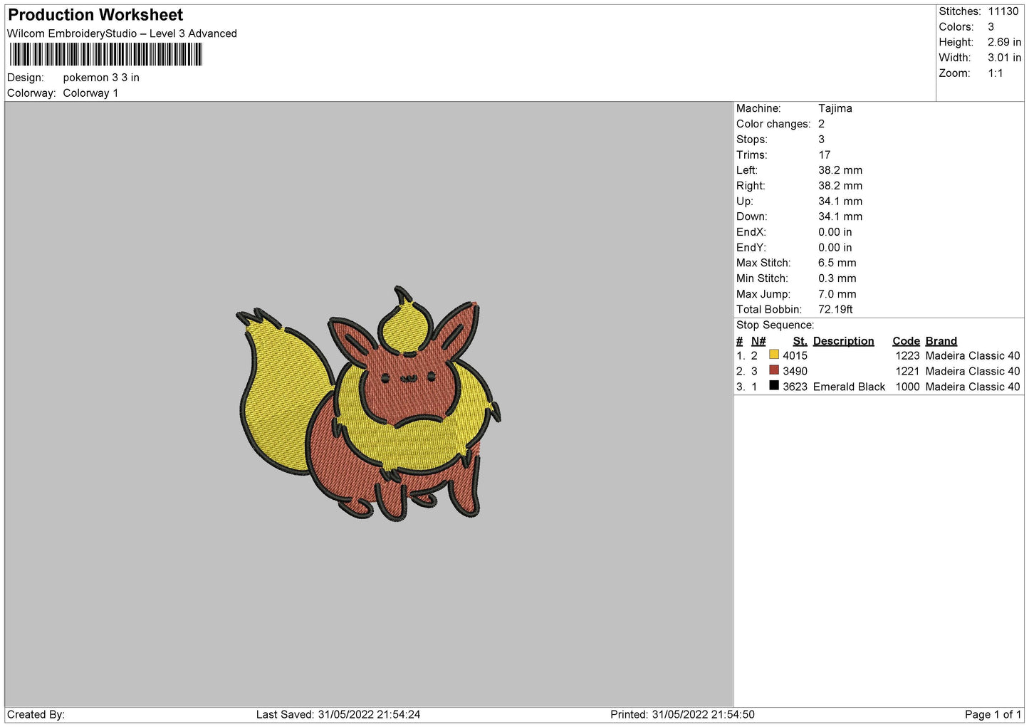 Pokemon 3 Embroidery File 4 size