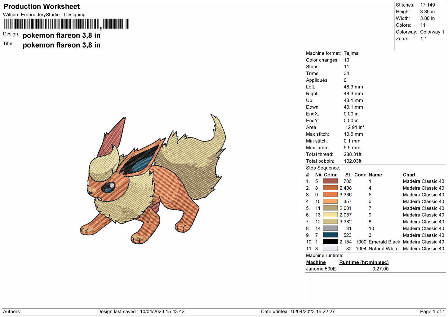 Pokemon Flareon Embroidery File 6 sizes