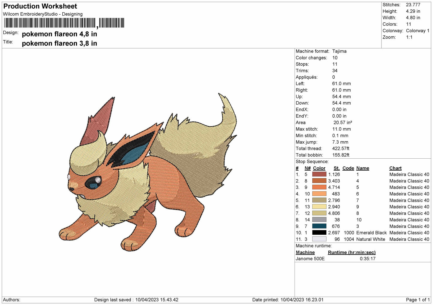Pokemon Flareon Embroidery File 6 sizes