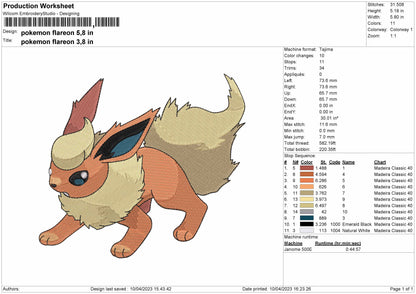 Pokemon Flareon Embroidery File 6 sizes