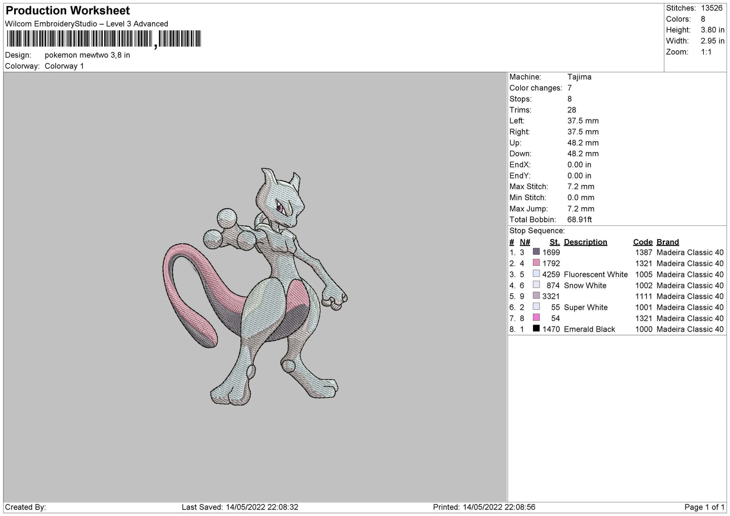 Pokemon Mewtwo Embroidery Design File 4 size