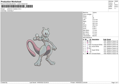 Pokemon Mewtwo Embroidery Design File 4 size