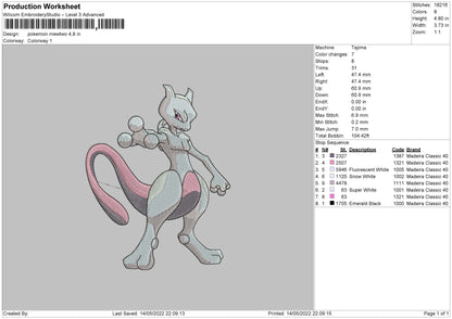Pokemon Mewtwo Embroidery Design File 4 size