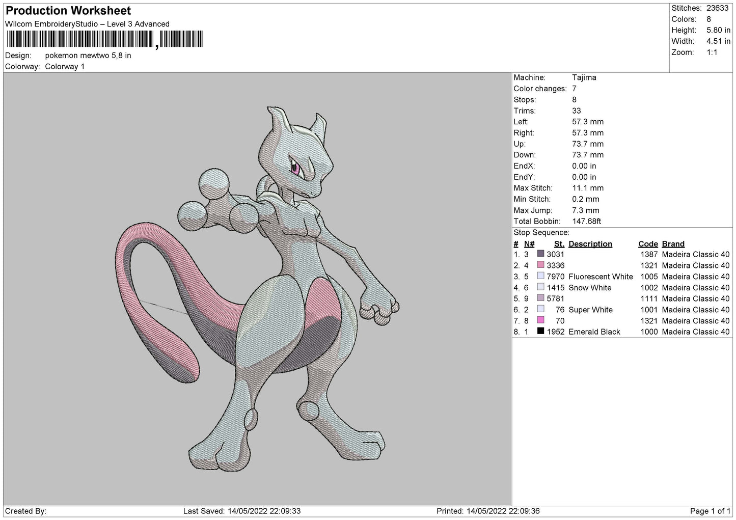 Pokemon Mewtwo Embroidery Design File 4 size