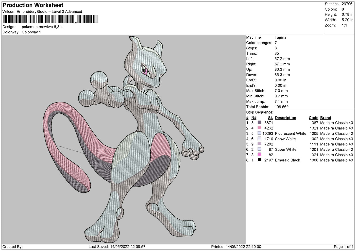 Pokemon Mewtwo Embroidery Design File 4 size