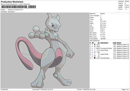Pokemon Mewtwo Embroidery Design File 4 size
