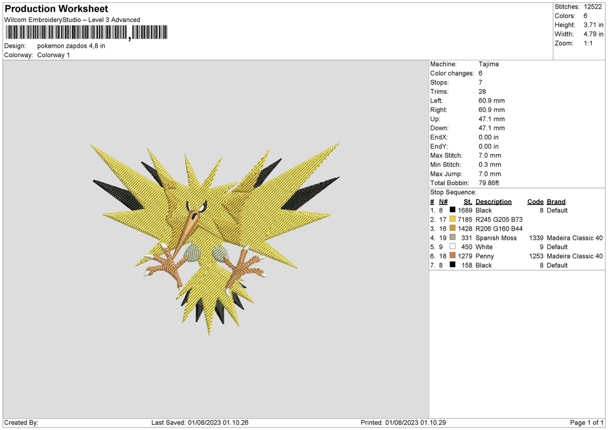 Pokemon Zapdos Embroidery File 6 sizes – Master Digitizer