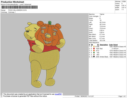 Pooh Halloween Embroidery File 4 size
