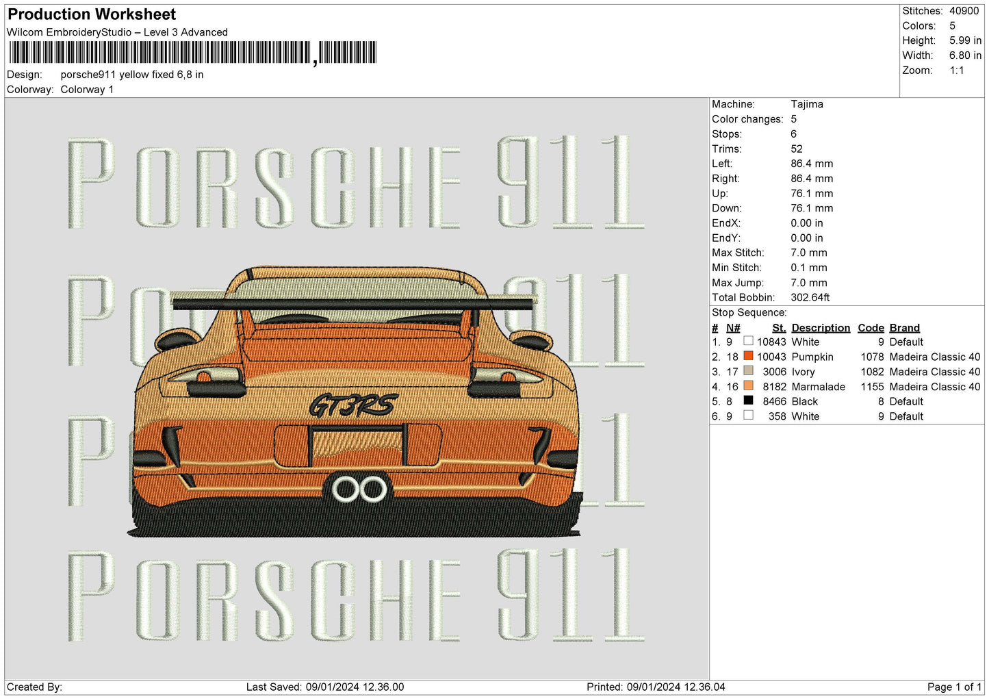 Porsche Yellow Embroidery File 6 sizes