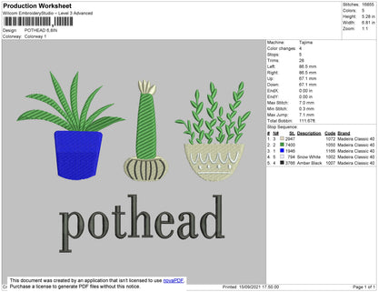 Pothead Embroidery File 4 size