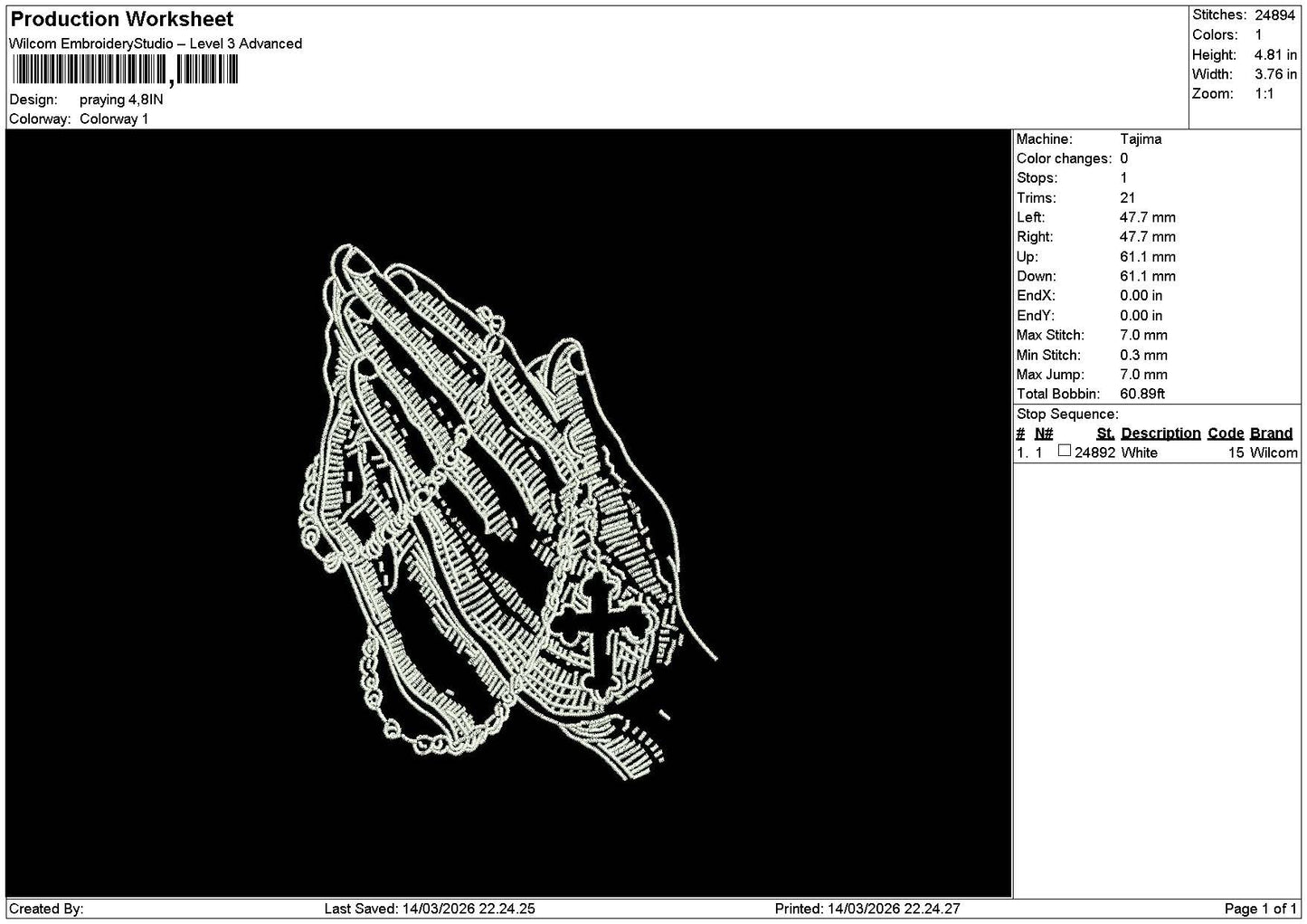 Praying Hand 1403 Embroidery File 6 sizes