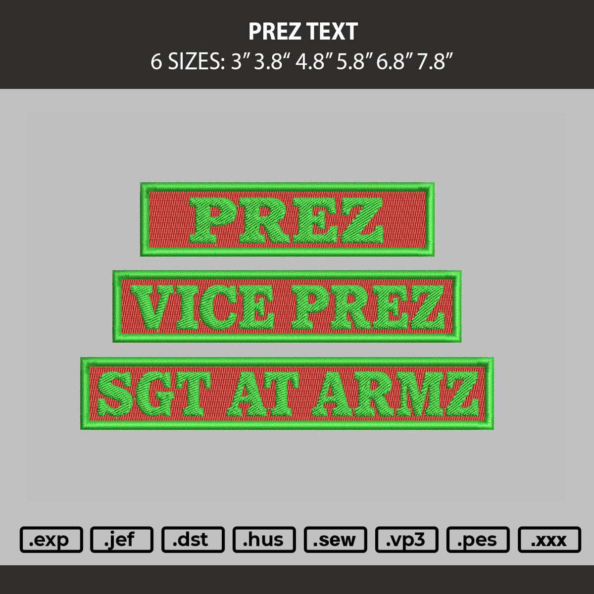 Prez Text Embroidery Machine Design File 6 sizes