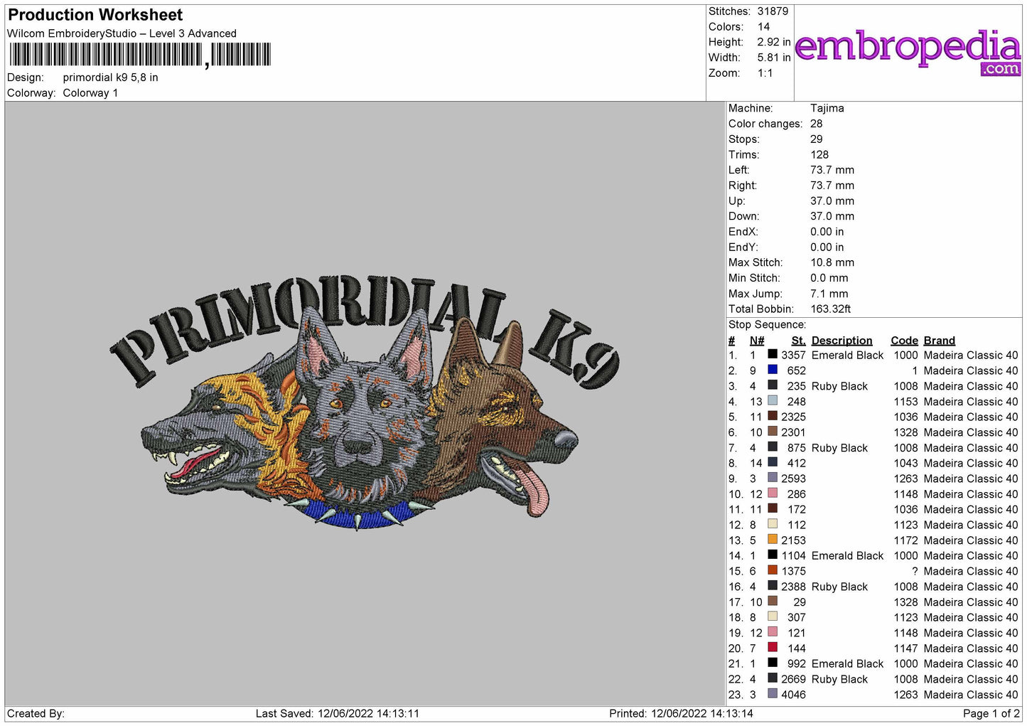 Primordial K9 Embroidery File 4 size