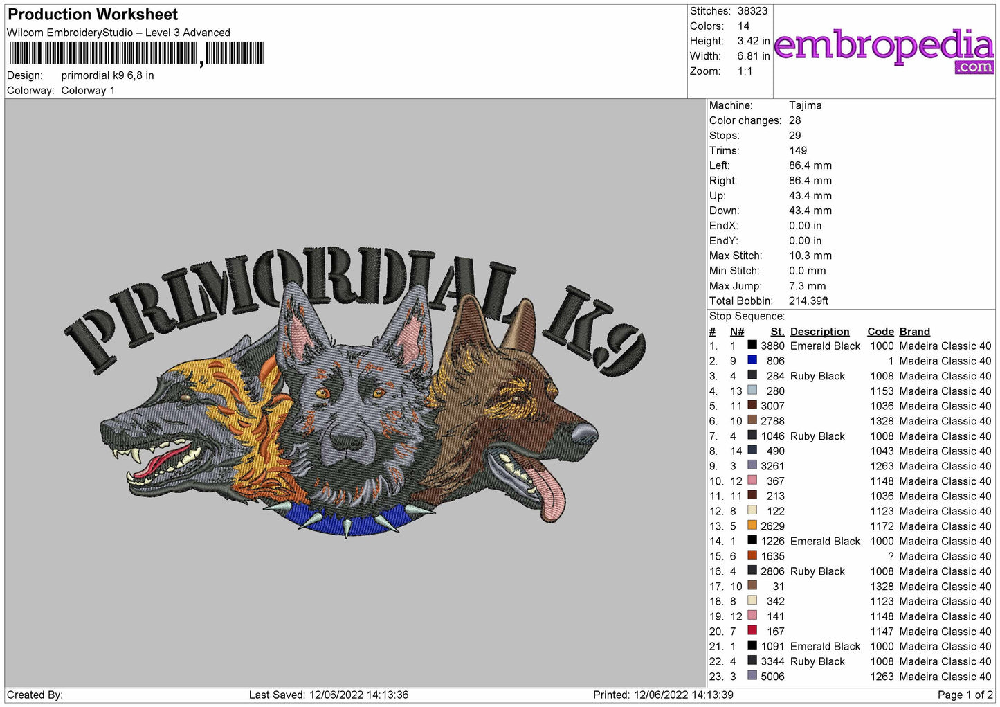 Primordial K9 Embroidery File 4 size